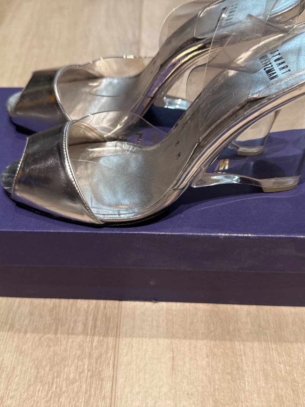 Stuart Weitzman Silver Wedge Heels with Clear Straps - Size 8 - Picture 4 of 5